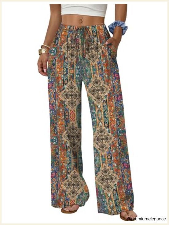 Pants - Wide Leg Palazzo Pants with Pockets Drawstring Elastic Waist Summer
